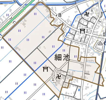 細池とその周辺の地図。町の範囲を重ねている