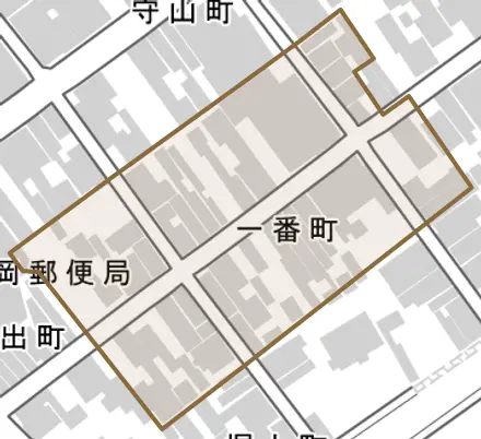 一番町とその周辺の地図。町の範囲を重ねている
