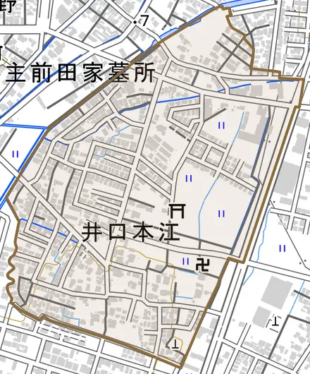 井口本江とその周辺の地図。町の範囲を重ねている