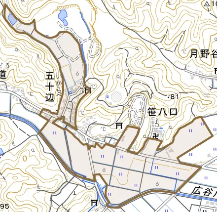 五十辺とその周辺の地図。町の範囲を重ねている