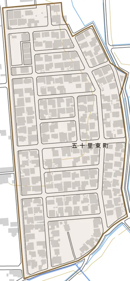 五十里東町とその周辺の地図。町の範囲を重ねている