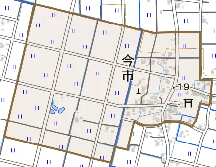 今市とその周辺の地図。町の範囲を重ねている