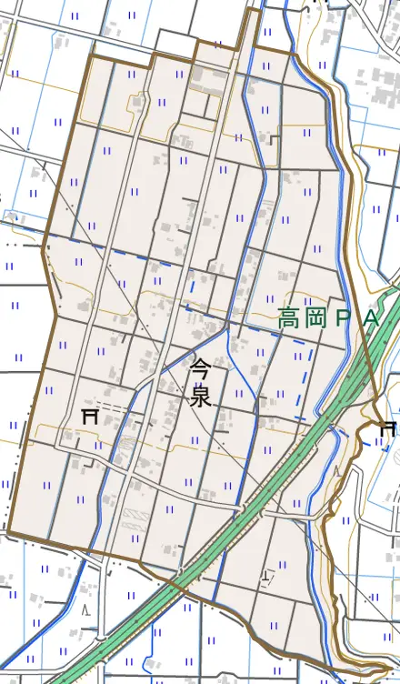 今泉とその周辺の地図。町の範囲を重ねている