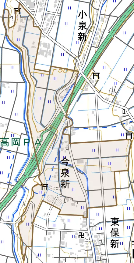 今泉新とその周辺の地図。町の範囲を重ねている