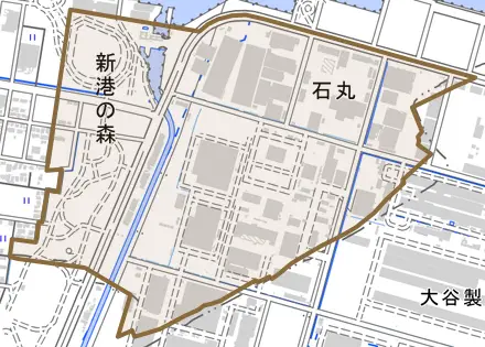 石丸とその周辺の地図。町の範囲を重ねている