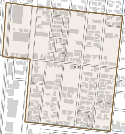 泉町とその周辺の地図。町の範囲を重ねている