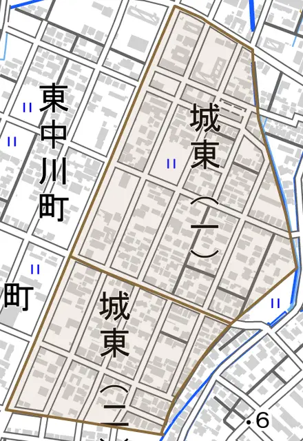 城東とその周辺の地図。町の範囲を重ねている
