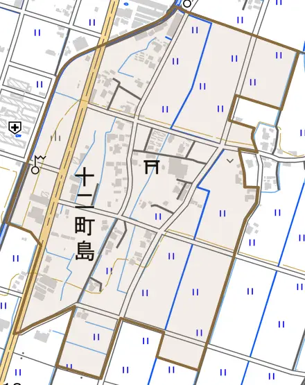 十二町島とその周辺の地図。町の範囲を重ねている