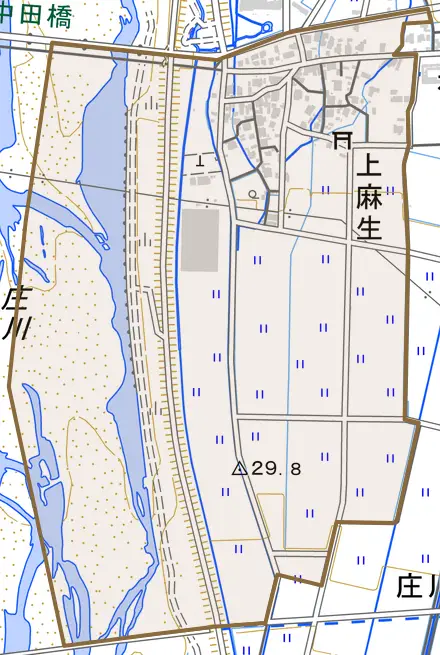 上麻生とその周辺の地図。町の範囲を重ねている