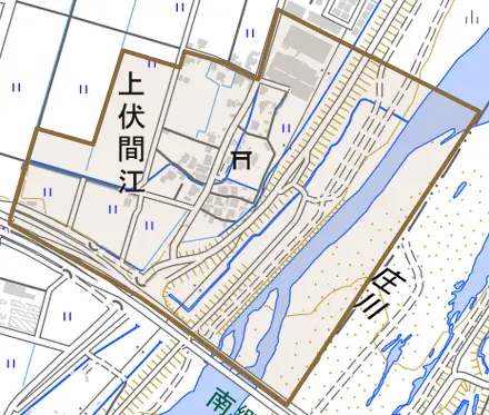 上伏間江とその周辺の地図。町の範囲を重ねている