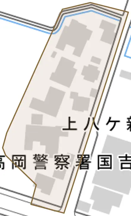 上八ケ新とその周辺の地図。町の範囲を重ねている