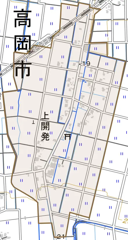 上開発とその周辺の地図。町の範囲を重ねている