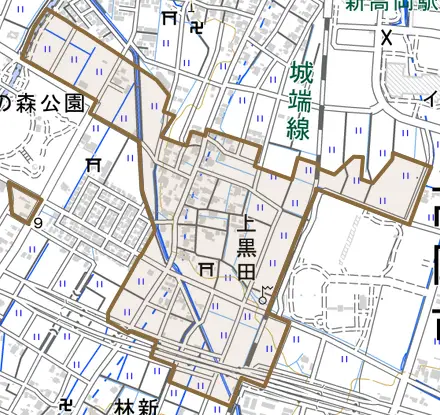 上黒田とその周辺の地図。町の範囲を重ねている