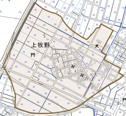 上牧野とその周辺の地図。町の範囲を重ねている