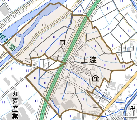 上渡とその周辺の地図。町の範囲を重ねている