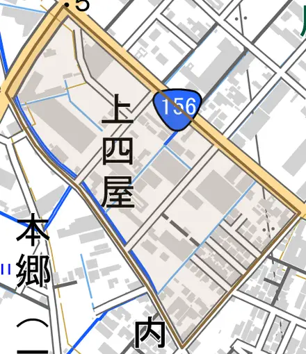 上四屋とその周辺の地図。町の範囲を重ねている