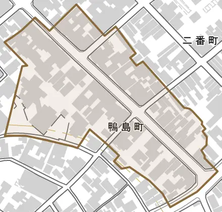 鴨島町とその周辺の地図。町の範囲を重ねている