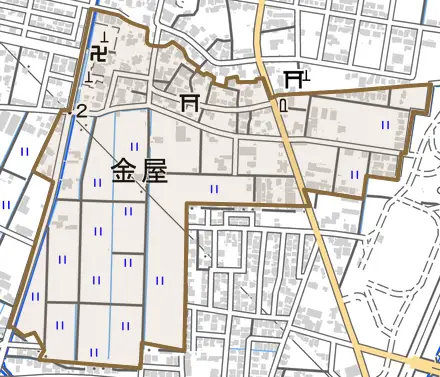 金屋とその周辺の地図。町の範囲を重ねている
