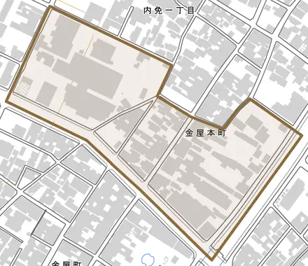 金屋本町とその周辺の地図。町の範囲を重ねている