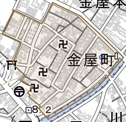 金屋町とその周辺の地図。町の範囲を重ねている