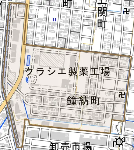 鐘紡町とその周辺の地図。町の範囲を重ねている