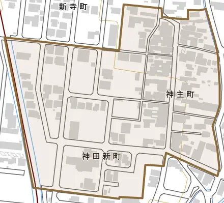 神主町とその周辺の地図。町の範囲を重ねている