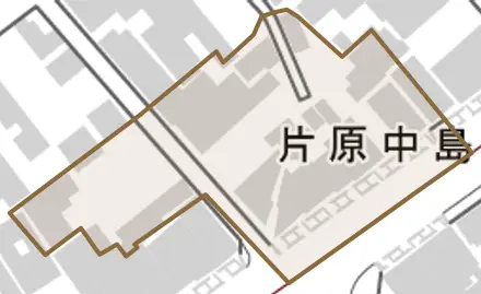 片原中島町とその周辺の地図。町の範囲を重ねている