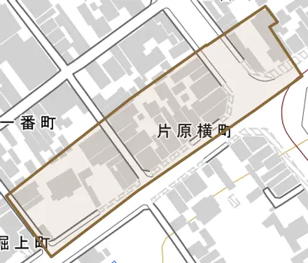 片原横町とその周辺の地図。町の範囲を重ねている