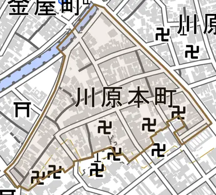 川原本町とその周辺の地図。町の範囲を重ねている