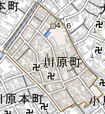 川原町とその周辺の地図。町の範囲を重ねている
