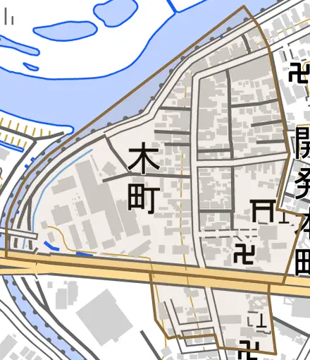 木町とその周辺の地図。町の範囲を重ねている