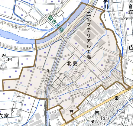 北島とその周辺の地図。町の範囲を重ねている