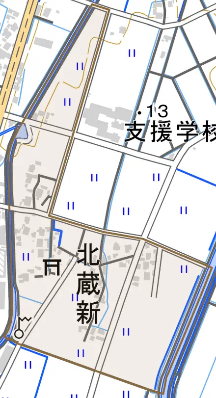 北蔵新とその周辺の地図。町の範囲を重ねている