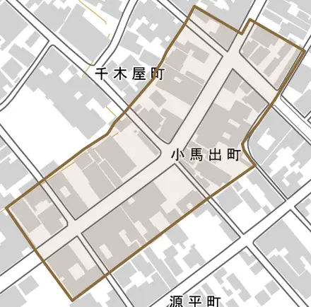 小馬出町とその周辺の地図。町の範囲を重ねている