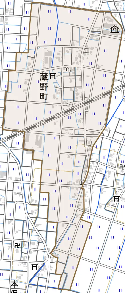 蔵野町とその周辺の地図。町の範囲を重ねている