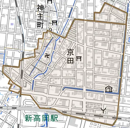 京田とその周辺の地図。町の範囲を重ねている