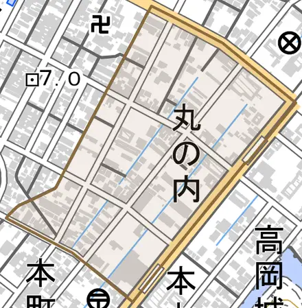 丸の内とその周辺の地図。町の範囲を重ねている