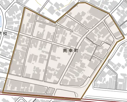 南幸町とその周辺の地図。町の範囲を重ねている