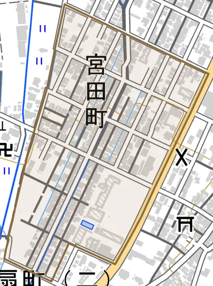宮田町とその周辺の地図。町の範囲を重ねている