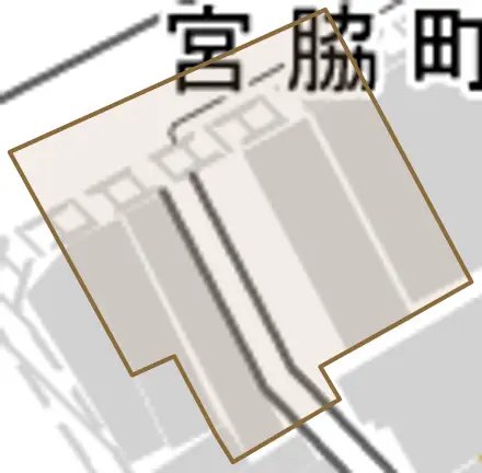 宮脇町とその周辺の地図。町の範囲を重ねている