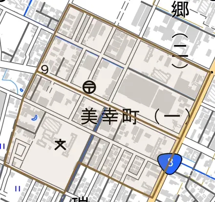 美幸町とその周辺の地図。町の範囲を重ねている
