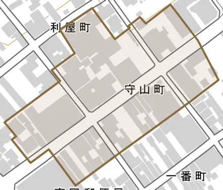 守山町とその周辺の地図。町の範囲を重ねている