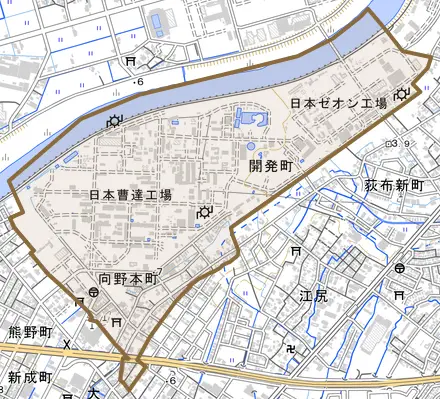 向野本町とその周辺の地図。町の範囲を重ねている