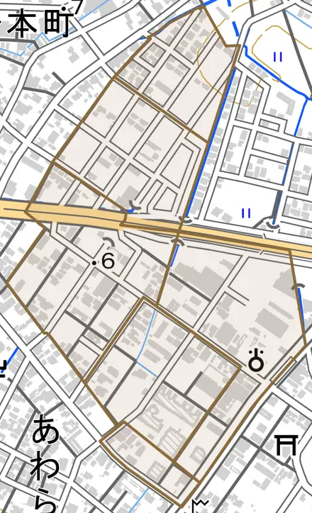 向野町とその周辺の地図。町の範囲を重ねている
