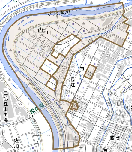 長江とその周辺の地図。町の範囲を重ねている