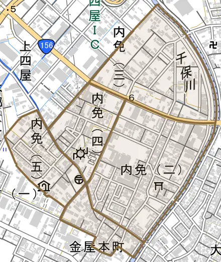 内免とその周辺の地図。町の範囲を重ねている