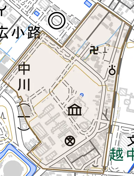 中川とその周辺の地図。町の範囲を重ねている