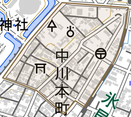 中川本町とその周辺の地図。町の範囲を重ねている
