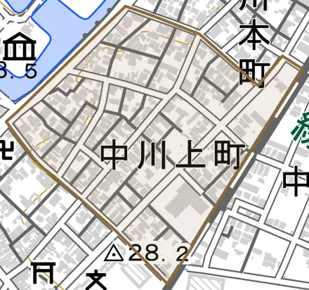 中川上町とその周辺の地図。町の範囲を重ねている