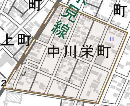 中川栄町とその周辺の地図。町の範囲を重ねている